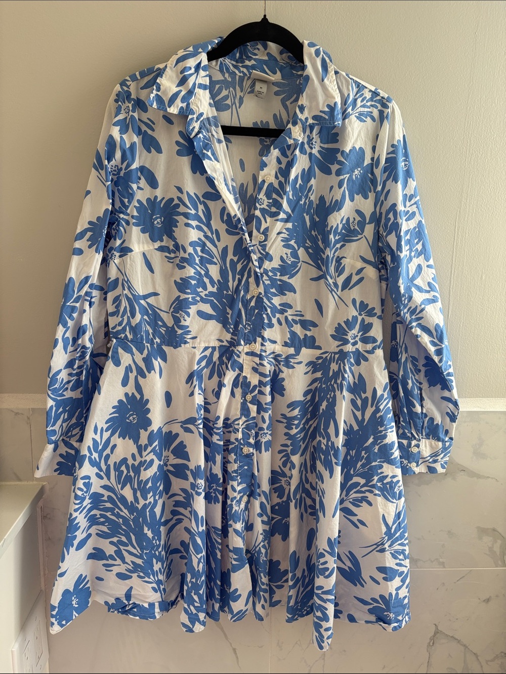 a new day White and Blue Floral Long-Sleeve Shirt Dress
